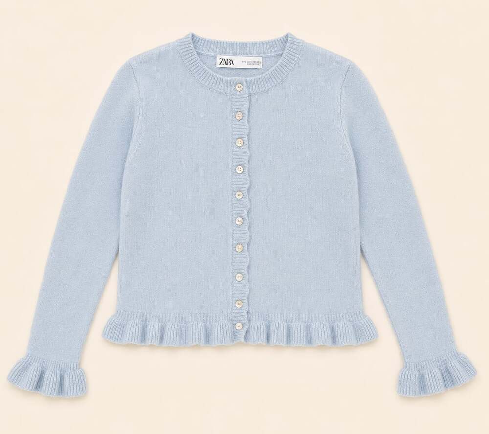 Zara Light Blue Ruffle Hem Knit Cardigan